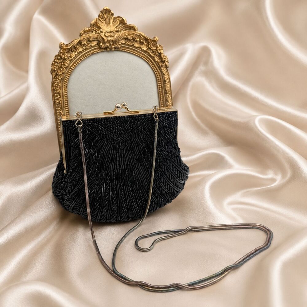Vintage Black Beaded Evening Bag Art Deco Style Kiss Lock Purse
